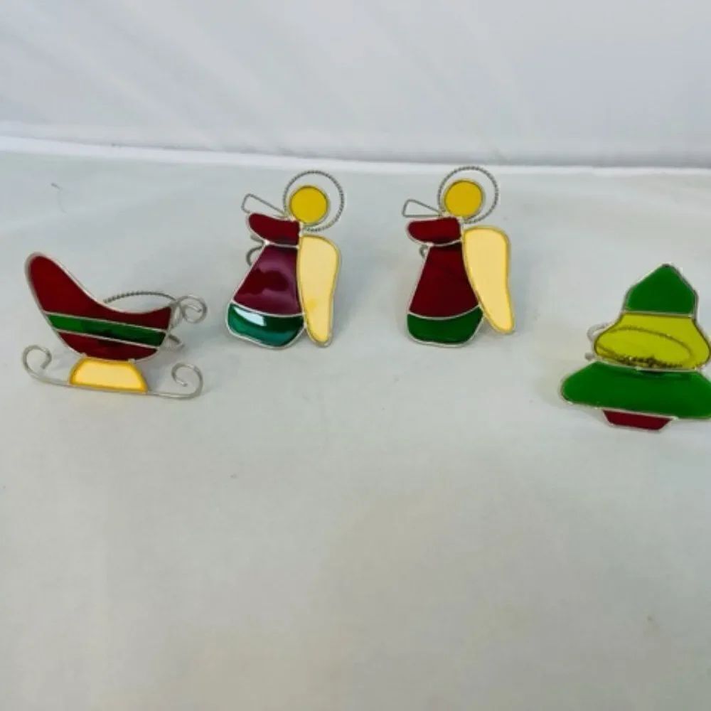 Lot Of 4 Stained Glass Christmas Napkin Holder Rings Sleigh 2 Angels Tree Excell